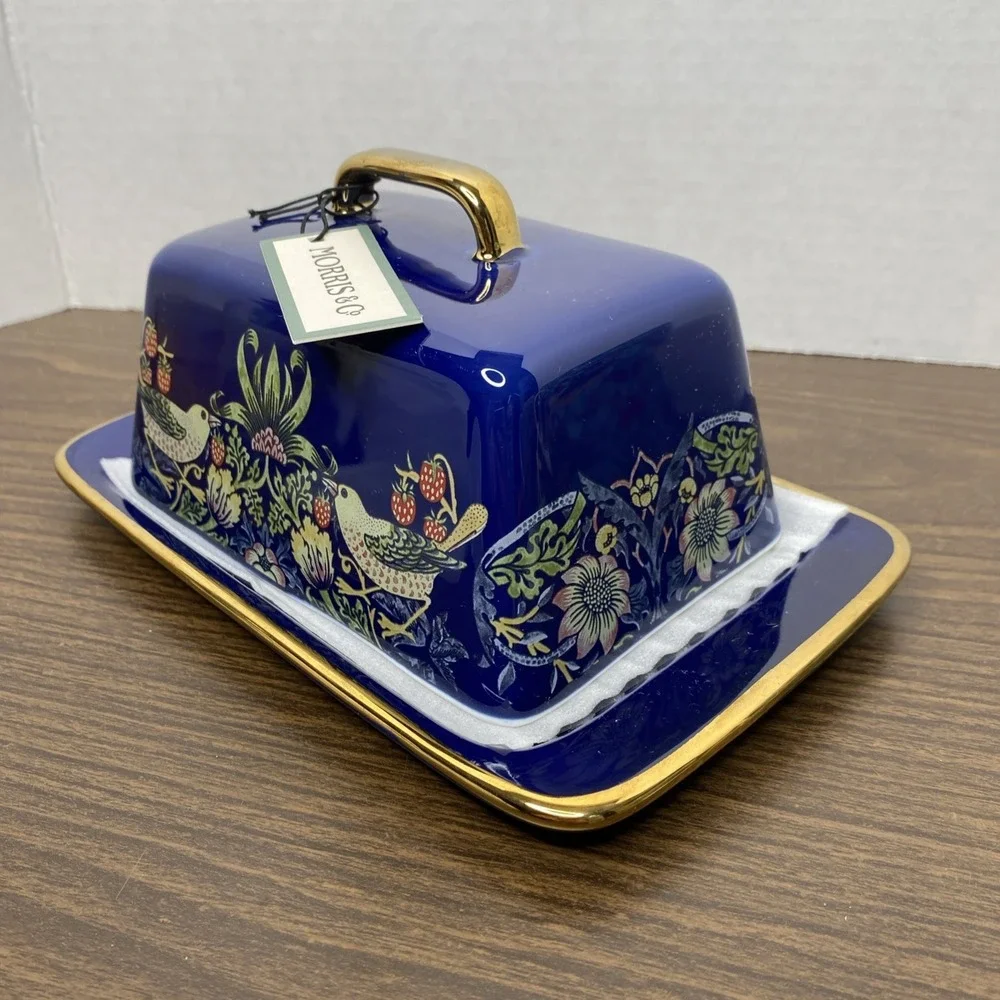 NWT William Morris & Co Strawberry Thief Butter Dish Blue with Gold Trim